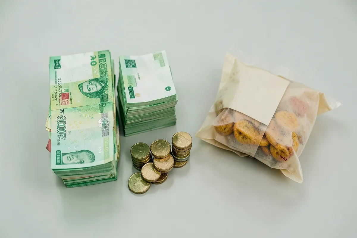 Pilhas de notas de dinheiro e moedas ao lado de uma embalagem genérica de salgados congelados.