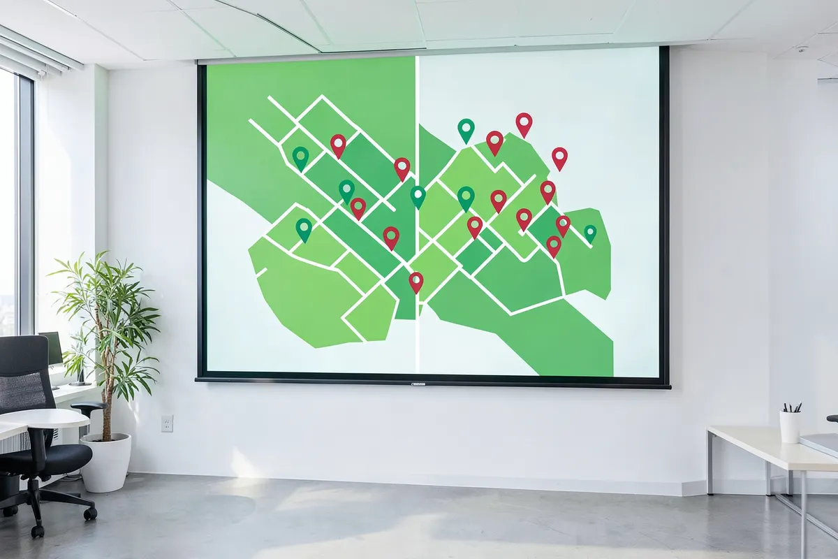 Mapa estilizado com pinos de localização sobre cidades, representando a busca por fornecedores.