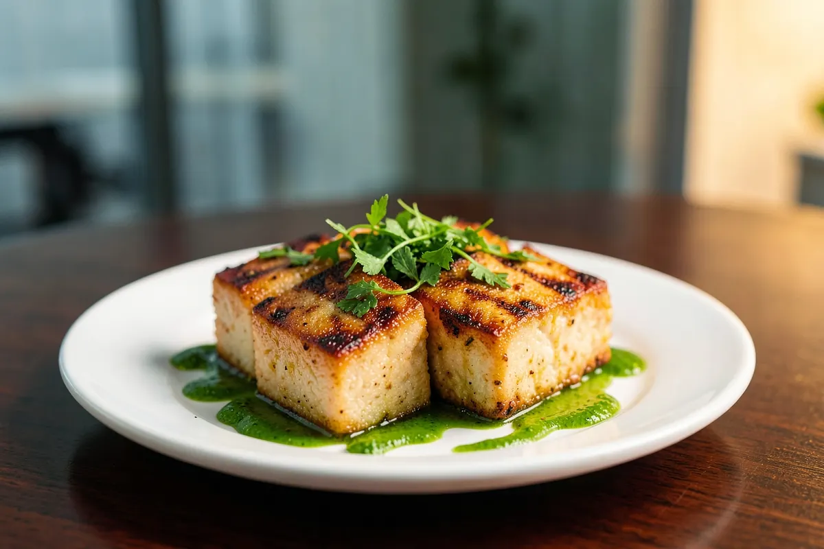 Tofu grelhado em cubos servido com molho e ervas frescas.