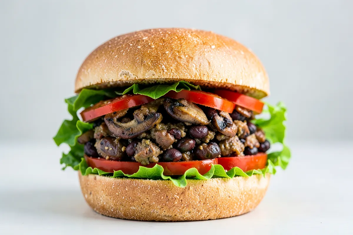 Um hambúrguer vegetal feito de cogumelos e feijão preto em um pão integral.